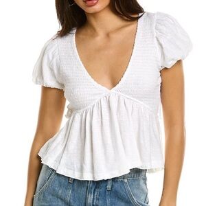 NEW Free People Women's White V Neck Puff Sleeves Cutout Back Charlotte Top